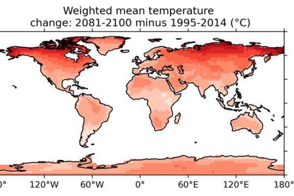 Change in the weighted multi-model mean surface air temperature over land (2081-2100 minus 1995-2014)